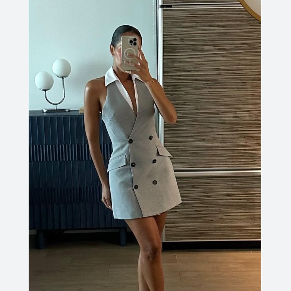 Zara Light Gray Double-Breasted Mini Dress